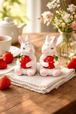 Ceramic Bunny Rabbit Holding Strawberry Salt and Pepper Shaker Set